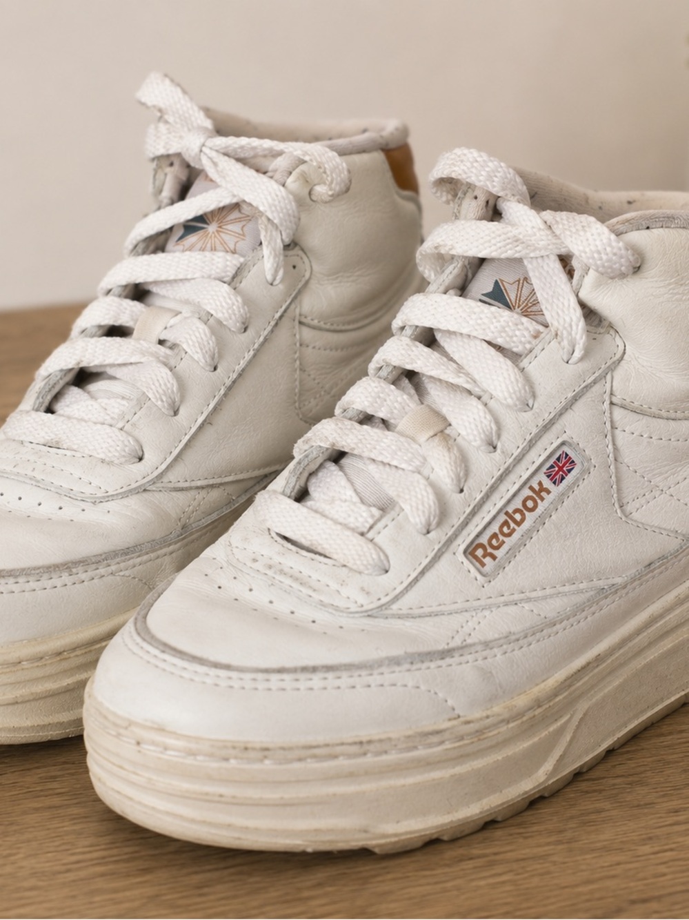 Reebok Off-White Leather Mid-Top Sneakers with Tan Accent